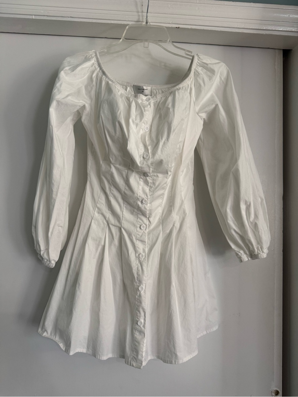 HALFHEART white Button Down Shirt Dress medium puffy sleeves